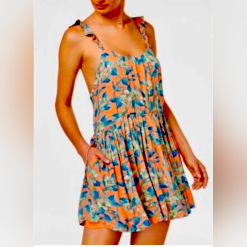 Free People Dear You Floral Mini Dress | Size Small | Orange Blue Green Rayon